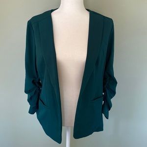 Skies are Blue Raja Collarless Blazer with ruched sleeves, dark green